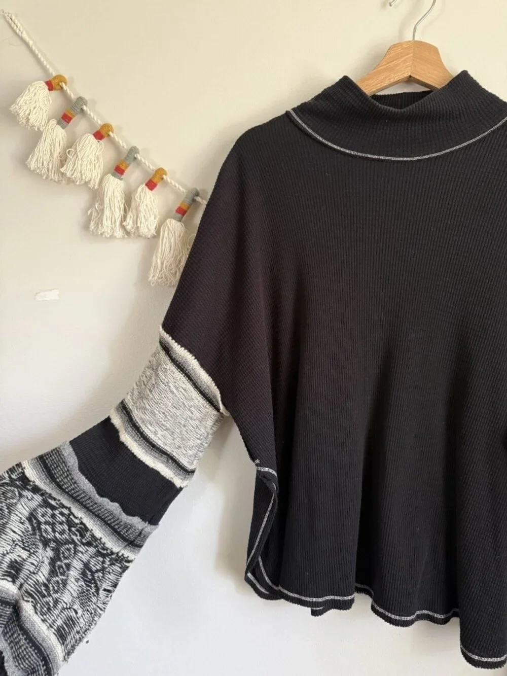 Free People Northern Lights Thermal Mock Neck Balloon Sleeve Top Boho Festival L